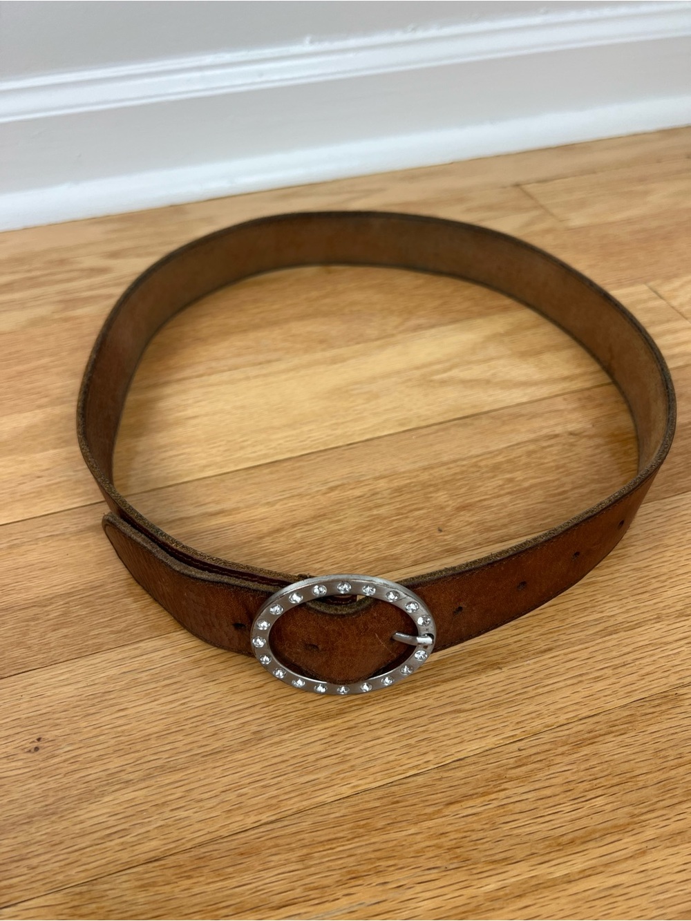 VTG American Eagle Brown Leather Rhinestone Oval Buckle Belt - Picture 4 of 7